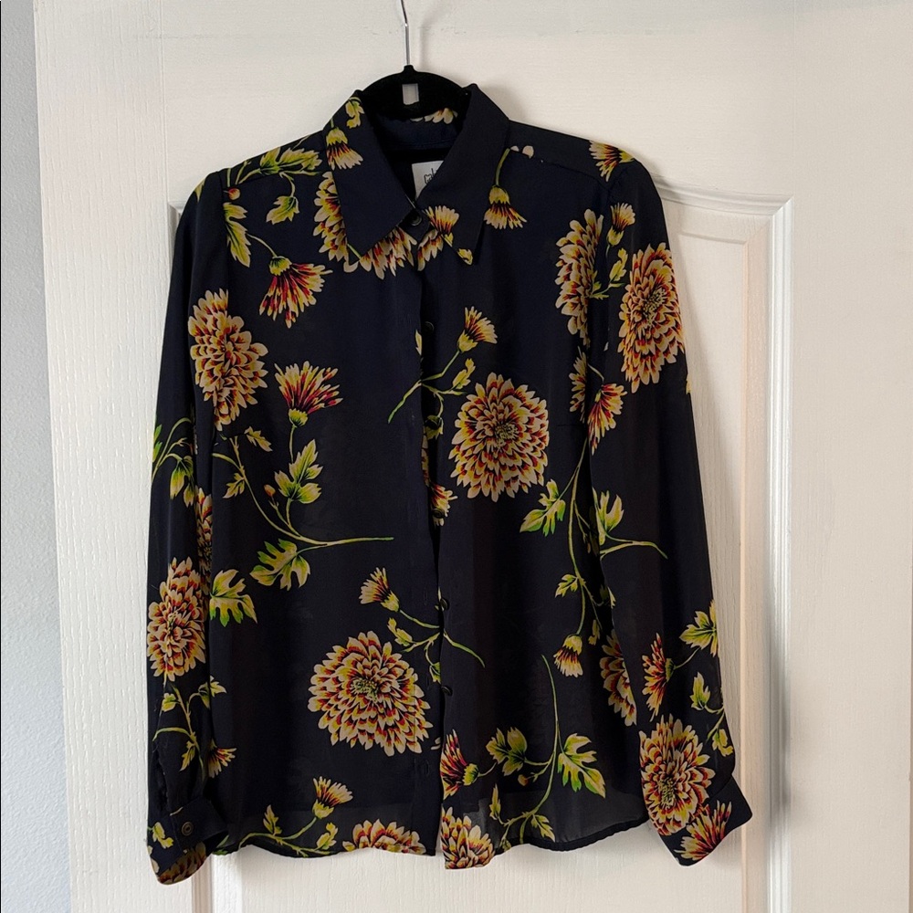 CAbi Black Floral Blouse with Button Detail